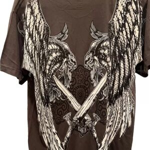 Snake Cobra Sword Angel Wings Silver Foil Y2K AFFLICTION-STYLE Men Shirt Medium